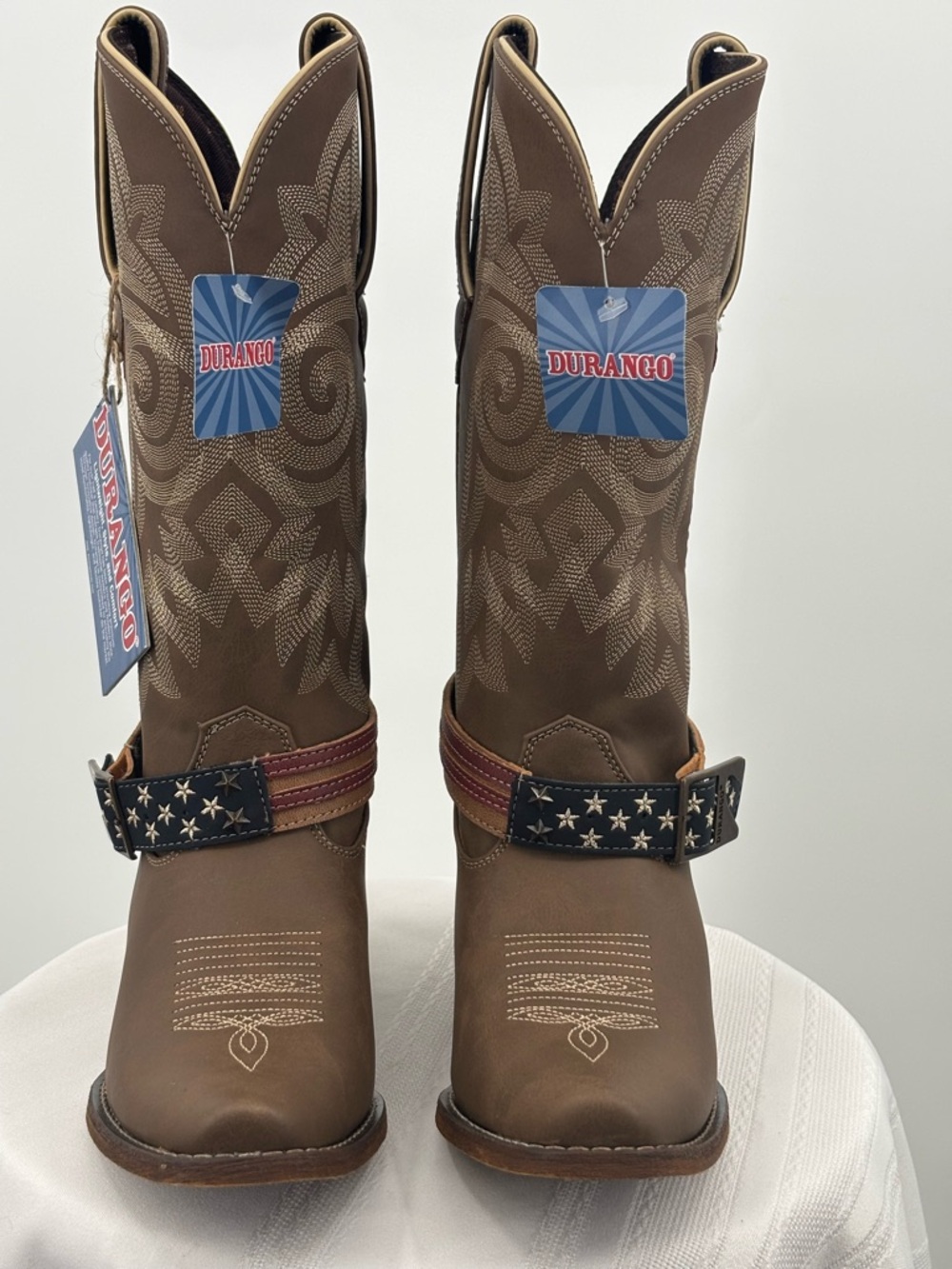 Durango Brown Western Heeled Boots with Star-Spangled Strap - Picture 2 of 8